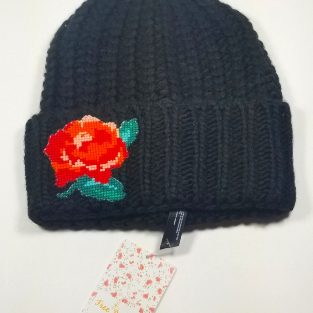 Free People Cross Stitch Black Cuffed Beanie NWT
